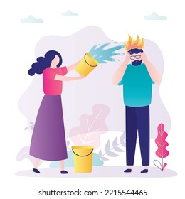 Businessman in stress, frustration, panic attack. Confident wife or therapist helps man cope with stress or burnout. Woman puts out fire on head of male character. Mental problems, concept. vector