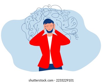 Businessman in stress ,headache or anxiety attack crisis,anxiety, fear, anger, exhaustion and so many emotions Mental disorder and chaos flat vector illustrator