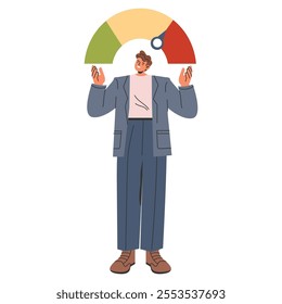 Businessman stress level concept. A male in a suit meditating under a stress meter, seeking inner peace. Work-life balance and mental health. Vector illustration.