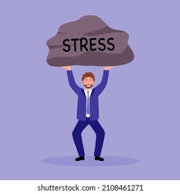 Businessman stress management concept vector illustration. Man worker carrying stone in flat design.