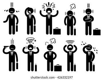 Businessman stress pressure, business mental issues, concept vector icons with pictogram people characters. Pressure mental and depression, business mental pressure illustration