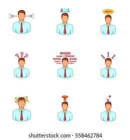 Businessman stress pressure icons set. Cartoon illustration of 9 businessman stress pressure vector icons for web