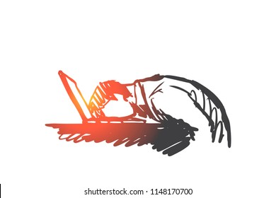 Businessman, stress, tiredness, programmer, overwork concept. Hand drawn businessman sleeping at workplace concept sketch. Isolated vector illustration.