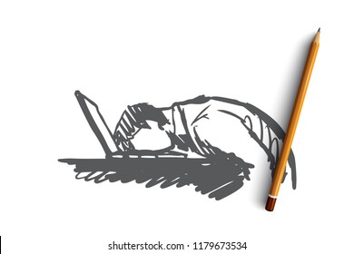 Empresario, estrés, cansancio, programador, concepto de exceso de trabajo. Empresario dibujado a mano durmiendo en un boceto conceptual en el lugar de trabajo. Ilustración vectorial aislada.
