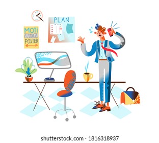 Businessman in stress at work. Man overworked at job, worried about deadline pressure, shouts into phone in office. Vector character illustration of stressful multitasking, busy worker, overwork