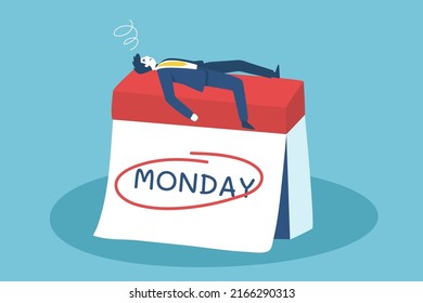 Businessman stressed and exhausted concept in monday. Unhappy depressed young office workers. Flat vector illustration, business concept of overload, tiredness. 