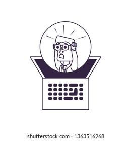 businessman stressed in frame circular with laptop computer