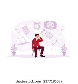 Businessman stressed and holding head a lot of work and tired. Frustrated concept. trend modern vector flat illustration