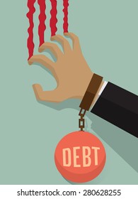 Businessman stressed with large debt. Using his hand Scrabble the wall was bleeding. Debt burden bring him down. Business concept on debt.