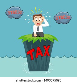 Businessman are stressed on the island of taxes, illustration vector cartoon