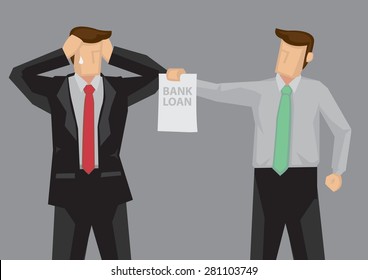 Businessman stressed out by confronting creditor holding bank loan contract. Vector cartoon characters illustration on economic and financial concept isolated on grey background.