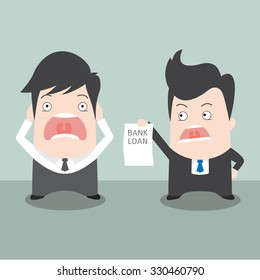 Businessman stressed out by confronting creditor holding bank loan contract. Vector cartoon characters illustration on economic and financial concept isolated on grey background.