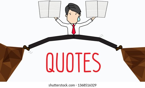 Businessman stretching his legs on problem between a cliff  for crossing. Funny flat vector concept