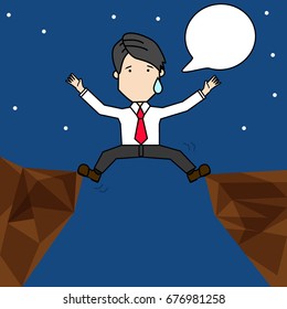 Businessman stretching his legs on problem between a cliff  for crossing. Funny flat vector concept