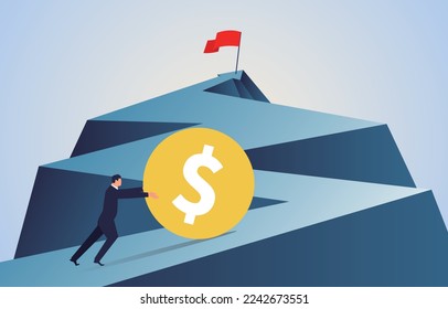 The businessman strives to push the gold coins along the mountain path to reach the top, strives and reaches the goal or achieves success, corporate concept, business or professional success