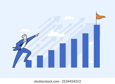 Businessman strives for the set goal, growing graph of achievements and profit. Concept of career growth, profitable startup, financial gain. Flat Vector illustration.