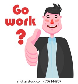 A businessman with a strong-willed chin is smiling happily holding out his hand and asks to go work 