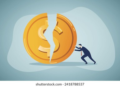 Businessman struggle to repair a dollar that is broken in half by pushing it back together. Image conveys the concept of repairing broken finances.