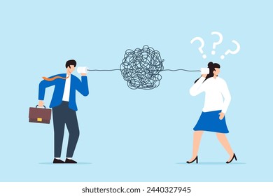 Businessman struggles with bad communication as he talks through messy, tangled phone line, causing confusion others. Concept misunderstandings, unclear messages, and miscommunicate information