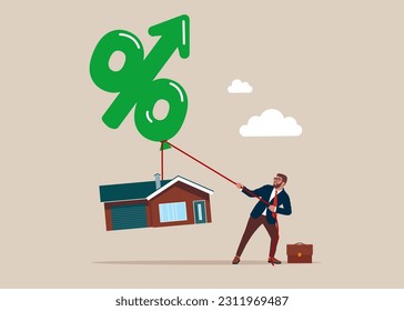 Businessman struggles with inflated interest rate rising house prices, real estate inflation. Flat vector illustration