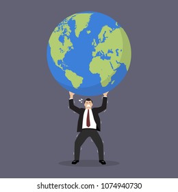Businessman struggling to carry globe. Vector illustration