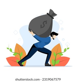 A businessman is struggling to carry a large bag of cash with a dollar sign on his back. financial success, saving money. Modern character. Flat vector illustration on a white background.