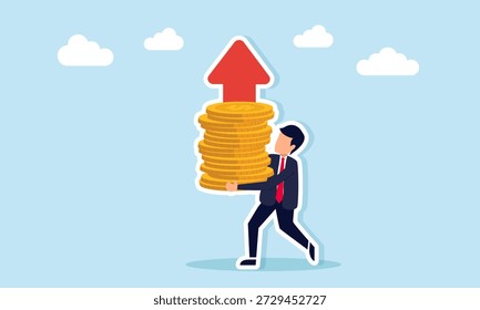 Empresário lutando para carregar a pilha de moedas de dólar com seta para cima ilustração de manter a tendência positiva no progresso do crescimento do rendimento empresarial