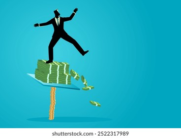 Businessman struggling to keep his balance on a pile of banknotes supported by coins. Symbolizing financial instability, too big too fast,  growth trap, risky investments, or corporate overexpansion