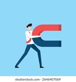 Empresário Lutando para Levantar um Grande Ímã Simbolizando Atração e Sucesso em um Ambiente Profissional Moderno. Ilustração do vetor de caracteres do homem de negócios