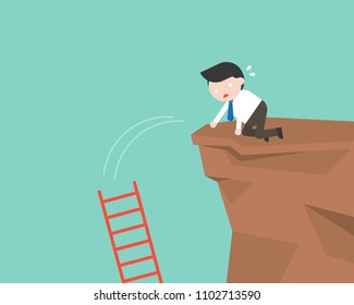 Businessman stuck at cliff because ladder falling, dead end business situation, flat design