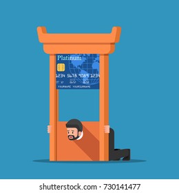 Businessman stuck in credit card guillotine. Financial crisis and debt concept.