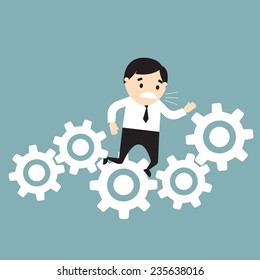 Businessman stuck in gears. Fail concept. Vector Illustration