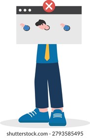Businessman stuck inside a giant browser layout screen box with incorrect profile access cross sign