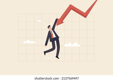 Businessman Stuck On Danger On Arrow Graph Holding With One Hand Feeling Insecure. Financial Investment Volatility Uncertainty Or Changes In Business And The Stock Market Due To Risks.