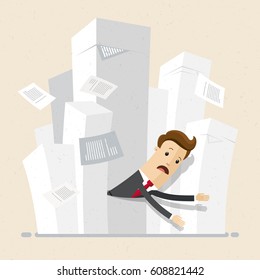 Businessman Stuck In Piles Of Papers. Business Concept - Work With Documentation, Workflow, Bureaucracy. Vector, Illustration, Flat