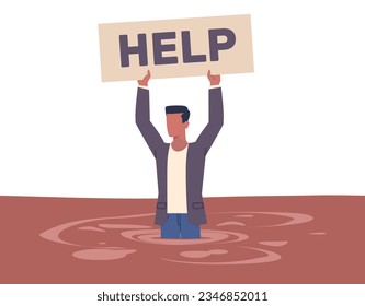 Businessman is stuck in quicksand and is asking for help. Stressed man in standing in the dirt, economic crisis, debts and bankruptcy, loss of money. Cartoon flat isolated vector concept