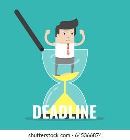 Businessman stuck in sandglass. Business deadline concept. Flat cartoon style. Vector illustration.