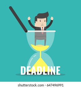 Businessman stuck in sandglass. Business deadline concept. Flat cartoon style. Vector illustration.