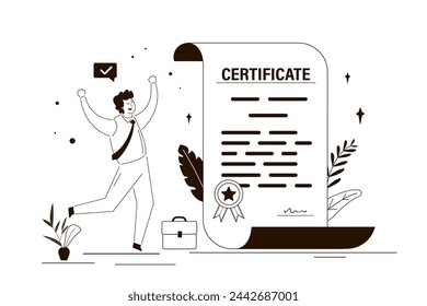 Empresario o estudiante con certificado de logro laboral. Certificado al tomar el curso, premio por excelente trabajo o diploma. Sello o garantía certificada educativa. vector lineal