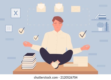 Businessman or student meditating in calm yoga lotus pose near stack of books vector illustration. Cartoon young person with work done on time. Effective time management without stress concept