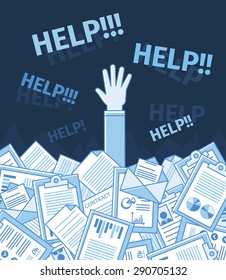 Businessman or student under a lot of document and call for help with his hand raised. Linear flat vector illustration. Blue color
