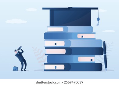 Businessman or student uses binoculars and look high at big graduation hat on stack of textbooks. High cost of education, inaccessibility of higher education. Difficulties in learning process. vector