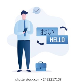 Businessman or student uses mobile phone and translate foreign text. Language translator, dictionary, bot translator. Online translation app. Male user holds smartphone. Flat vector illustration