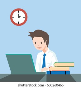 Businessman or student using laptop computer on the table with books and clock-vector cartoon