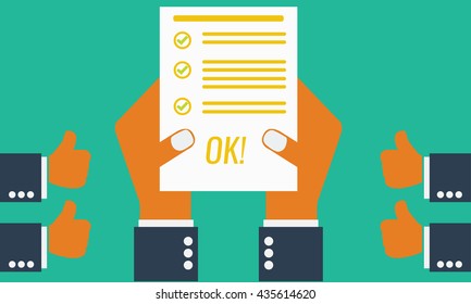 Businessman or student's hand showing paper or exam test results with check mark and success. Everyone likes him. Vector Illustration. Isolated on ping background.