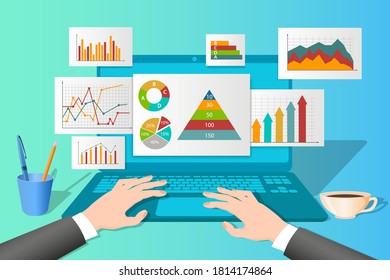 A businessman studies data on his laptop.The concept of remote work, office work, and freelancing.Infographic business and Finance.Flat vector illustration.