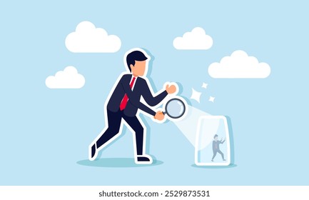 A businessman studies and illuminates another businessman in a glass container with a magnifying glass, illustrating the support for a struggling business partner