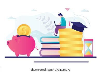 Businessman studying on laptop. Male student invest in knowledge. Concept investment in education. Piggy bank with golden coin. Stack of books, hourglass and university hat. Flat vector illustration