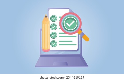 Businessman studying rules list reading advice doing checklist vector illustration for company order restriction law regulatory concept.on blue background.Vector Design Illustration.