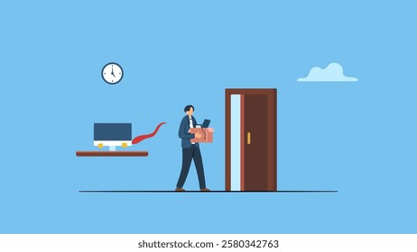 Businessman with stuff walking to exit door, quit full time job, resignation or end career, change job leaving company, employee termination, unemployment or burnout dissatisfaction exit layoff.